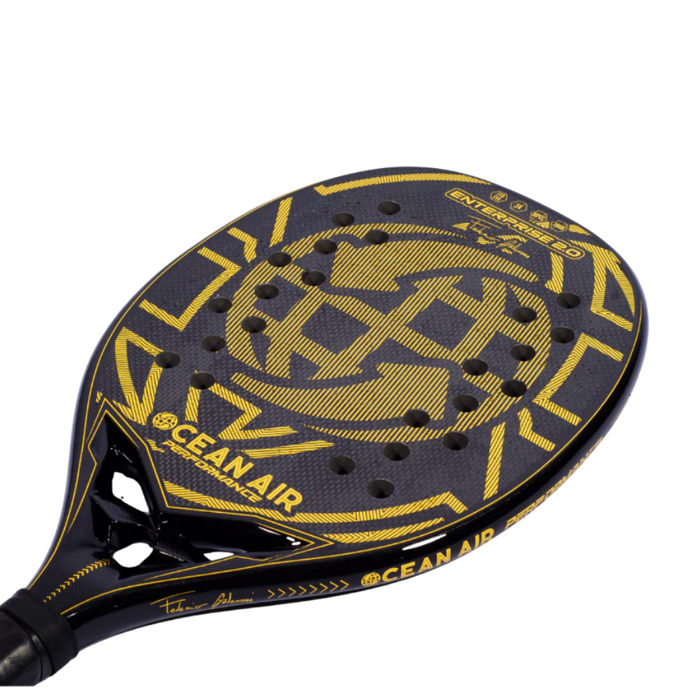 Close-up detail of Ocean Air Enterprise 2026 beach tennis racket surface