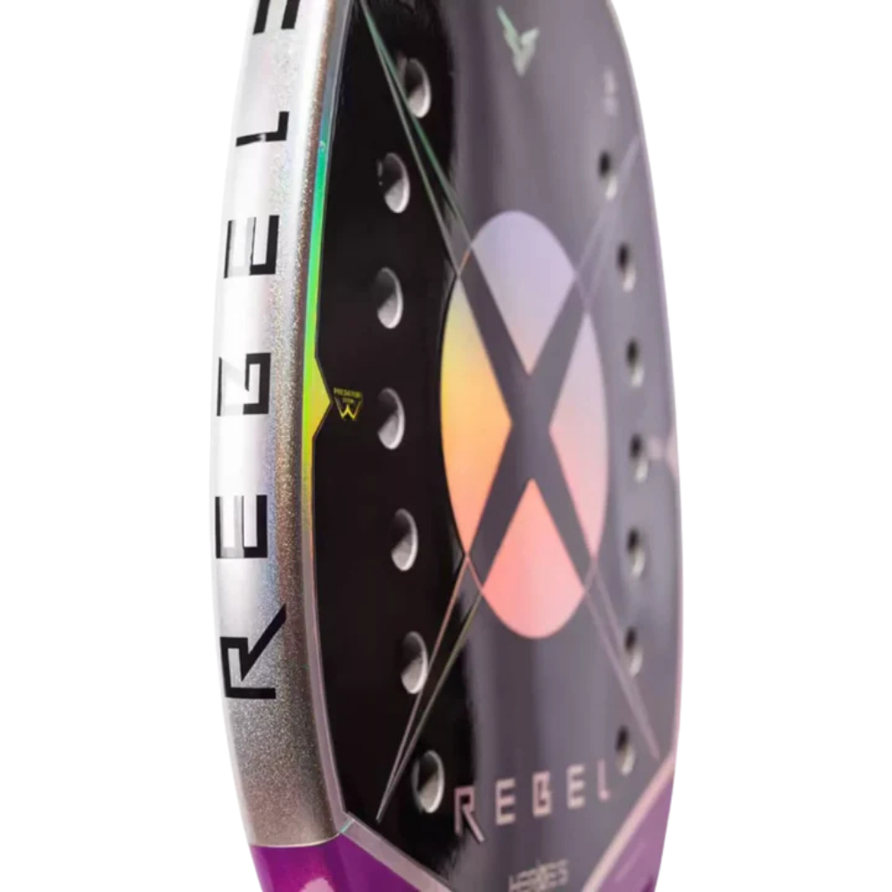 Close-up detail of Heroes Rebel 2025 beach tennis racket face and branding