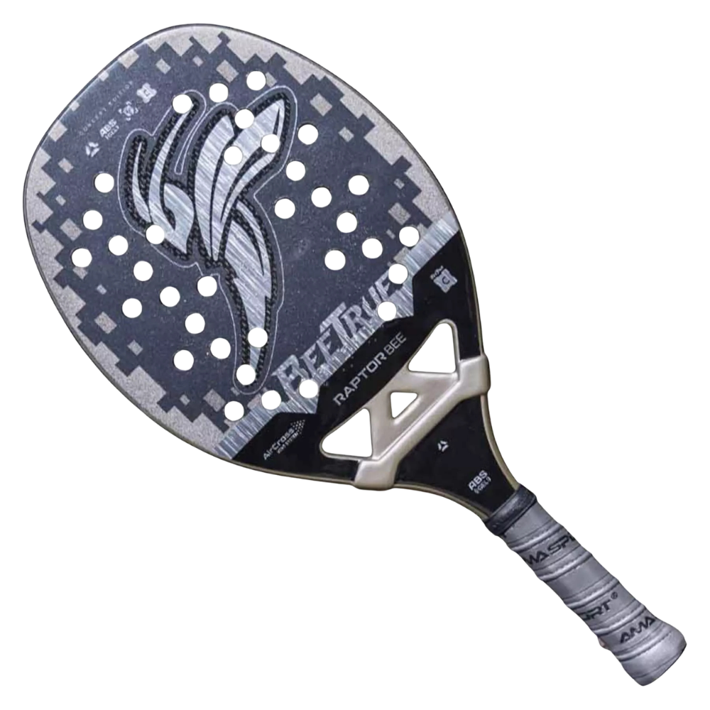 Angled view of the AMA Sport Raptor Bee 2026 beach tennis racket with aerodynamic AirCross Vent System