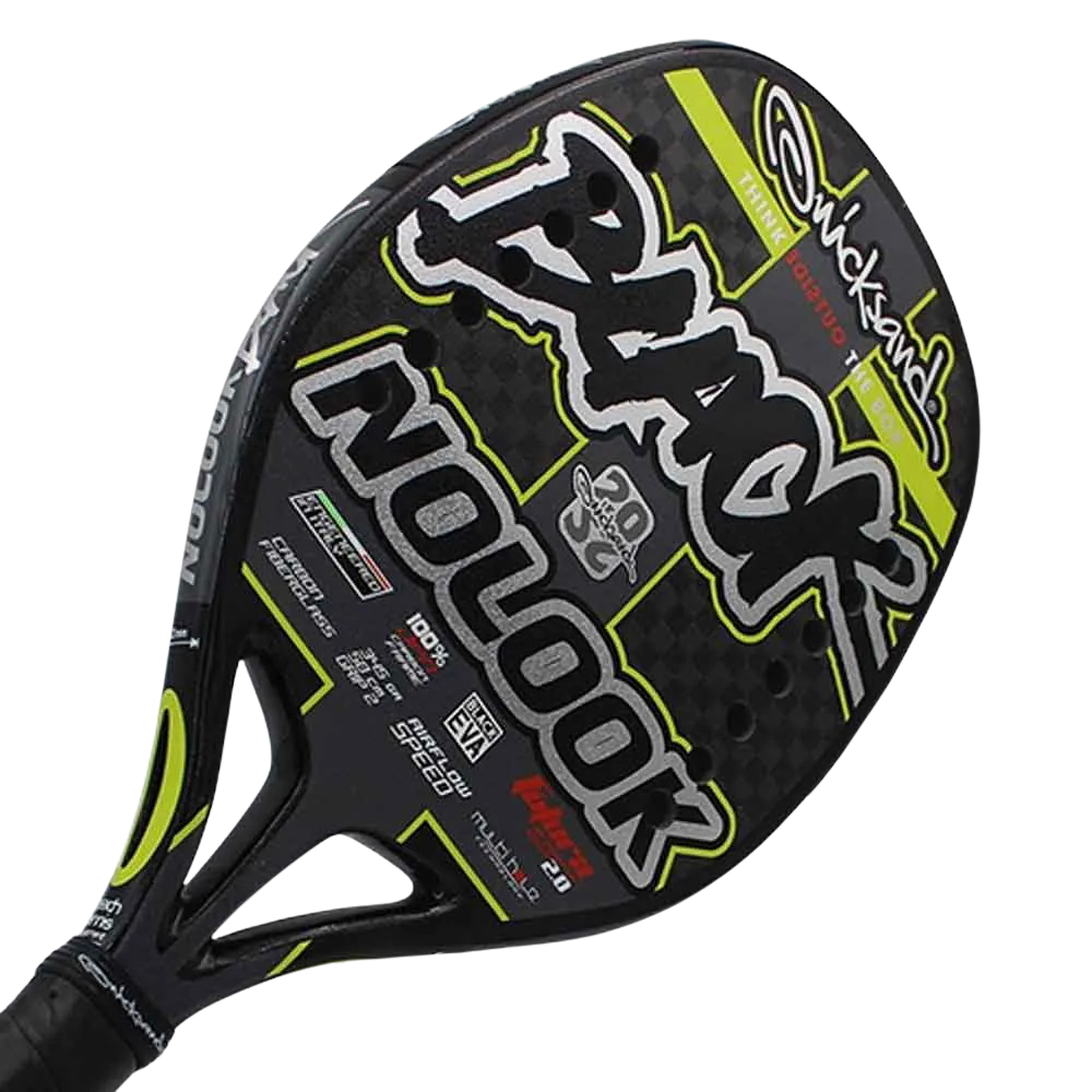 Detailed view of the Quicksand NoLook Black 2022 beach tennis racket engineered for consistency and versatile performance available at Beach Tennis Depot
