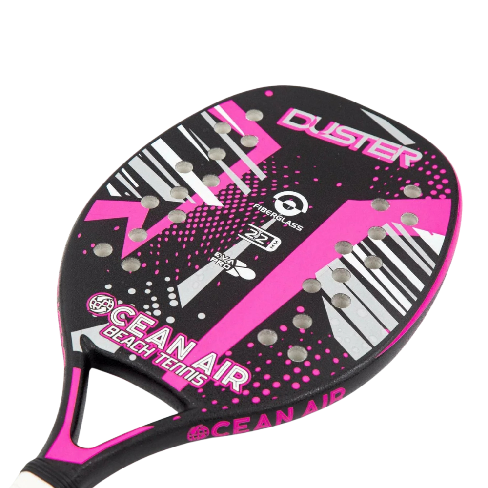 Close-up detail of Ocean Air Duster Fuchsia Edition beach tennis racket surface