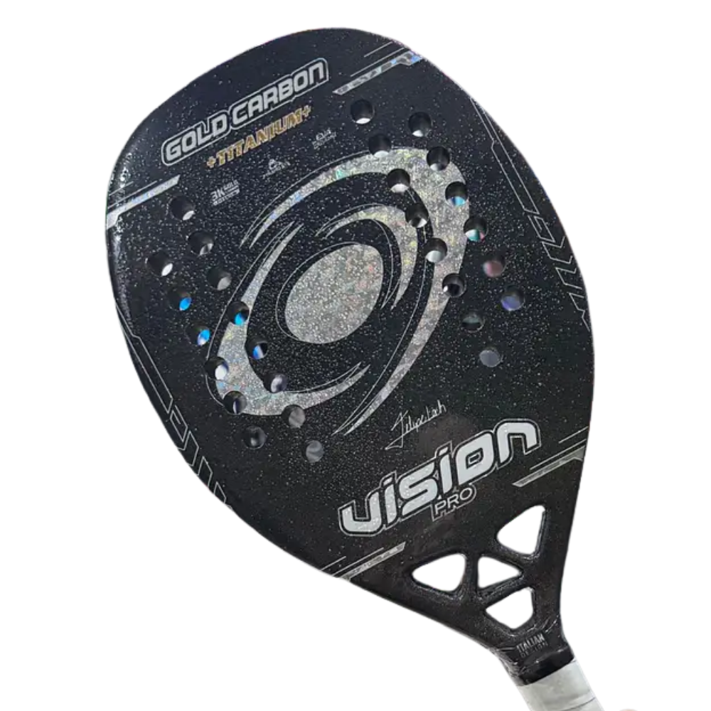 Close-up detail of Vision Pro Gold Carbon Titanium 2026 beach tennis racket surface