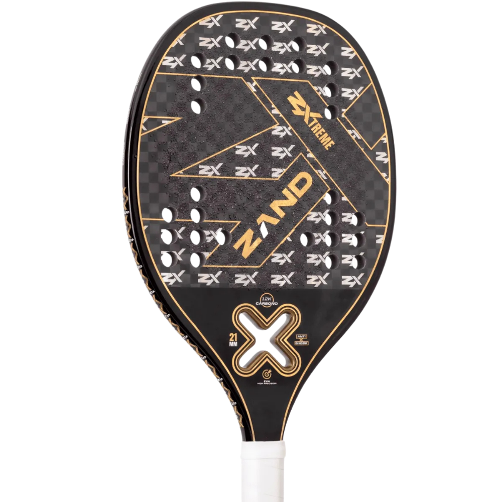 Angled view of the ZAND Z-Xtreme 2025 beach tennis racket showing its 12K Carbon frame, textured face and innovative heart design.