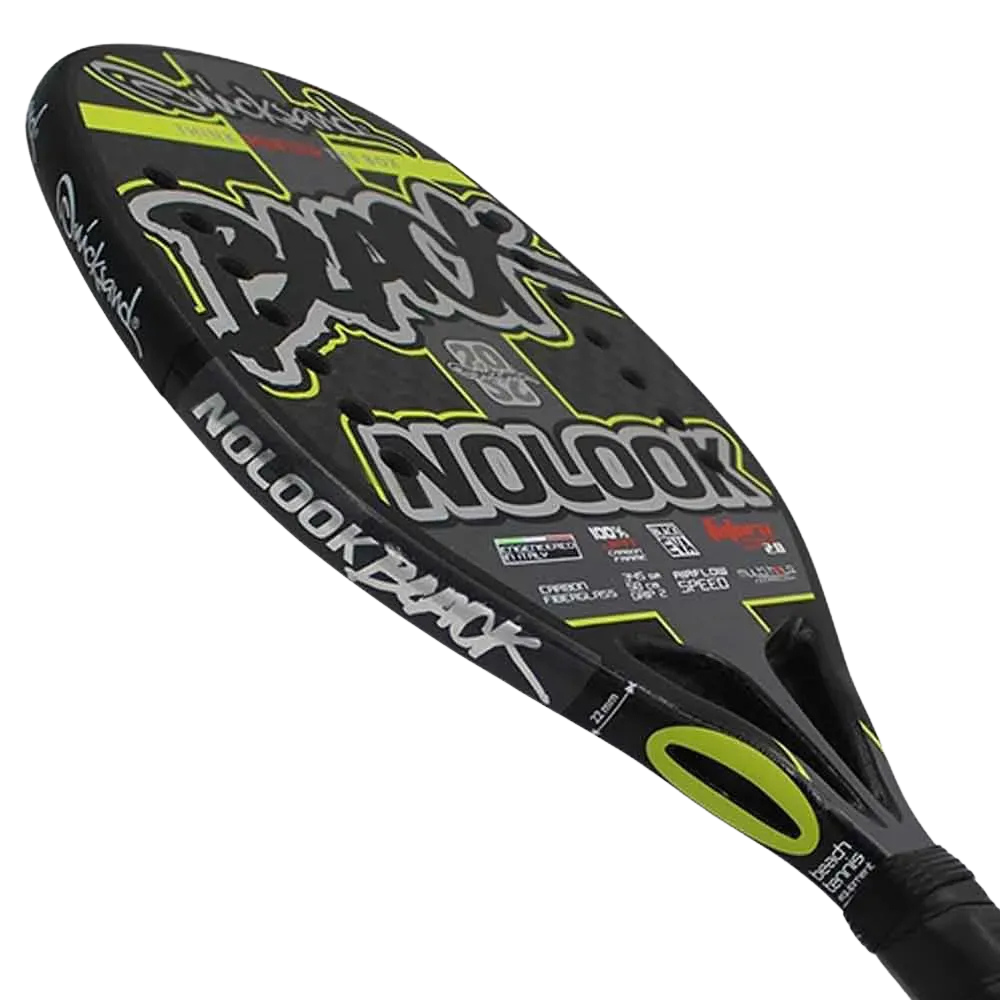 Close-up of the Quicksand NoLook Black 2022 beach tennis racket showcasing its premium design and performance-focused construction available at Beach Tennis Depot
