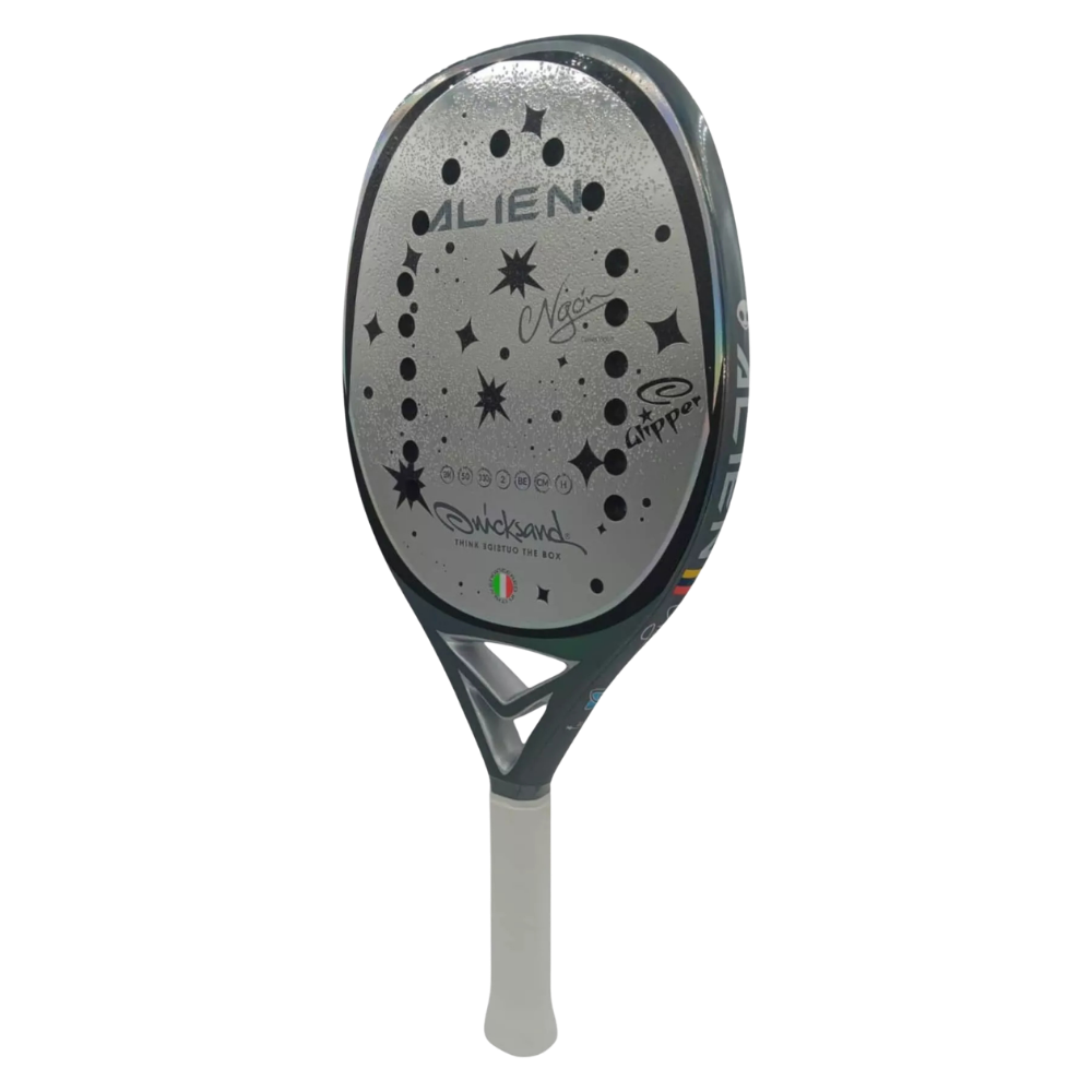 Side profile of Quicksand Alien 2025 with glipper treatment beach tennis racket