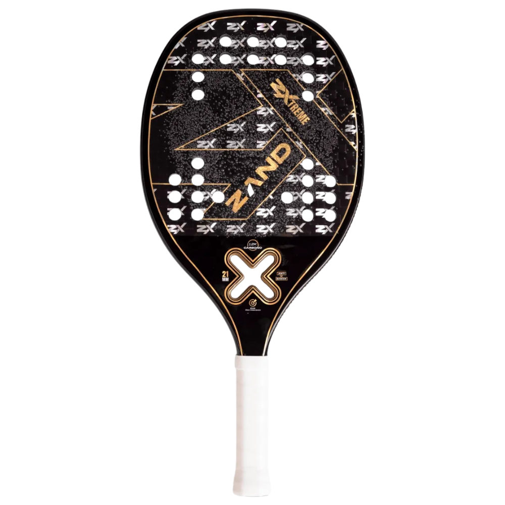 ZAND Z-Xtreme 2025 beach tennis racket front view featuring 12K Carbon construction, High Precision EVA core, Anti-Shock technology and textured surface, available at Beach Tennis Depot.
